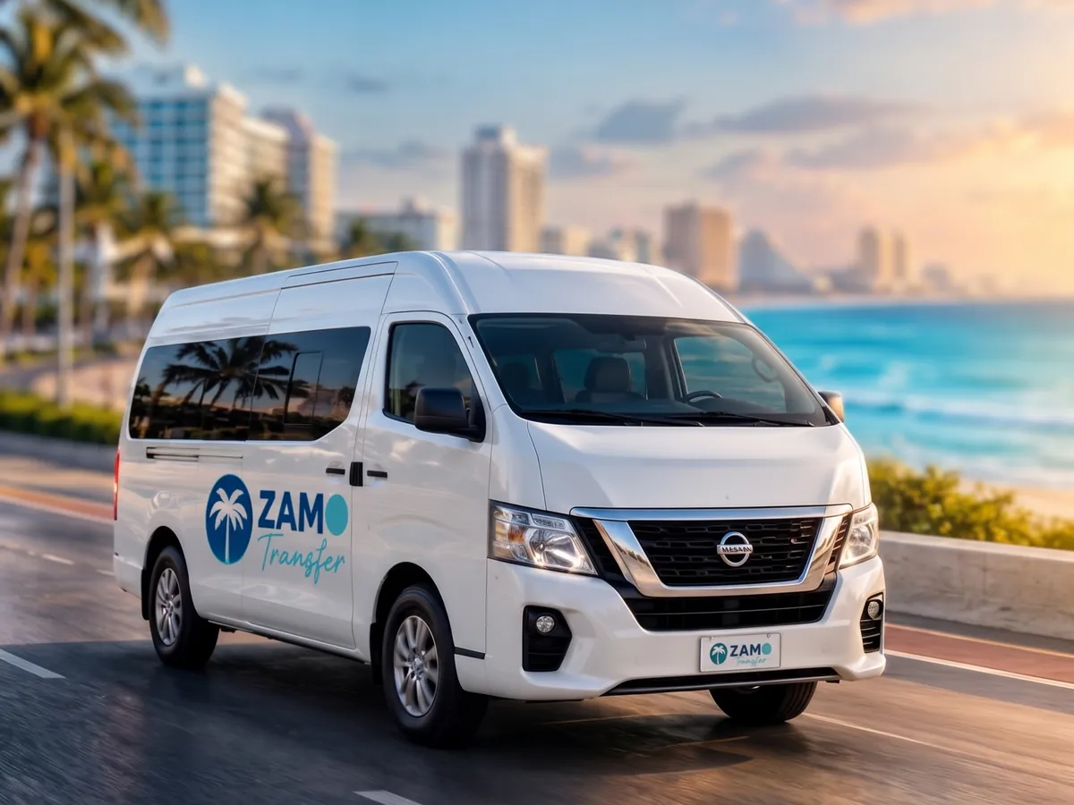 Nissan Urvan blanca de Zamo Transfer en la zona hotelera de Cancún